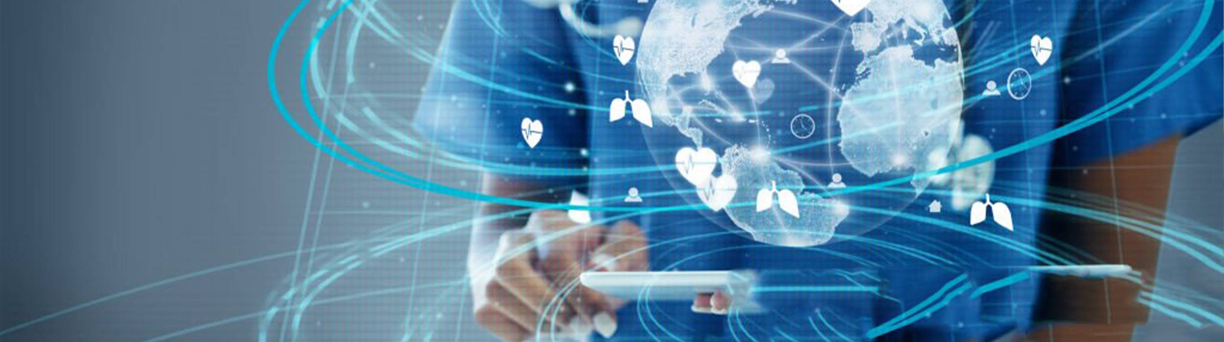 Conceptual representation of telemedicine and global collaboration: a healthcare professional in a blue uniform interacts with a tablet while a digital globe, surrounded by medical icons and glowing data streams, floats in the foreground